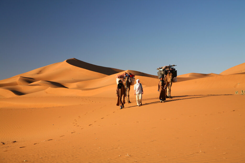 1 2 3 4 JOUR 1: MARRAKECH - KASBAH AIT BEN HADDOU - OUARZAZATE - VALLÉE DES ROSES - GORGES DU DADÈS Nous allons vous chercher à votre hébergement Marrakech le matin et conduire à Ait Ben Haddou par le spectaculaire col de Tizi n'Tichka (2.260m), l'un des plus hauts passages au Maroc. En route vous allez appreciez les paysages et les villages berberes au long de la route et le massif de l’atlas. Arrivée a Ait ben haddou, cette ville fortifiée est si célèbre pour ses kasbahs du 17ème siècle qu'elle a été classée au patrimoine mondial de l'UNESCO depuis 1987. Elle a même servi de lieu de tournage pour des films hollywoodiens tels que The Gladiator et Jewel of the Nile et plus récemment la série télévisée Le jeux de Trône. Visite de la kasbah et vous déjeunerez sur l'une des nombreuses nouvelles terrasses de la ville donnant sur l'ancienne colonie sur la rivière. Ensuite, vous continuerez vers Ouarzazate - l'Hollywood du Maroc traversons la Vallée des Roses et la vallée des mille kasbahs du Dadès. Arriverons aux gorges de Dades ou vous passerez la nuit à l’hôtel. JOUR 2: GORGES DE TODRA - ERFOUD - RISSANI - MERZOUGA Aujourd'hui on va conduire vers l'immense étendue de sable le Sahara ou les grandes dunes de Merzouga! En chemin, vous traverserez la gorge spectaculaire de Todra, avant de visiter le musée de l'Oasis à Tinejdad. Ce groupe de trois maisons restaurées affiche des antiquités berbères et des objets d'usage traditionnel recueillis auprès de différentes tribus à travers le pays (optionnel). Lorsque vous atteignez l'avant-poste du désert de Merzouga sur le bord de l'Erg Chebbi vous rencontrerez votre chameau et commencer un tour inoubliable de 1H30 pour un coucher du soleil inoubliable afin de joindre le camp nomade au milieu des dunes. À l'arrivée au camp vous serez servis un repas traditionnel berbère et traités à un chant tribal local et le tambourinage par le feu de camp. Ici, vous passerez la nuit dans une tente nomade. JOUR 3: ERG CHEBBI - MERZOUGA - OUARZAZATE ET LES KASBAHS - MARRAKECH Nous vous réveillons tôt le matin pour observer le lever du soleil glorieux sur les dunes encore une ballade a dos de chameau pour revenir a l’hôtel ou vous allez prendre le petit dejeune et prendre une douche avant de commencer une nouvelle aventure. Notre journée commence avec les dernières photos de Merzouga pour dire au revoir au désert. Après avoir traversé les paysages rocheux et les oasis cachées de la vallée du Draa, vous vous arrêterez pour déjeuner à Ouarzazate. Et continuons vers Marrakech en traversons une autre fois le col de Tizi n'Tichka et ses beau paysage au long du chemin.3